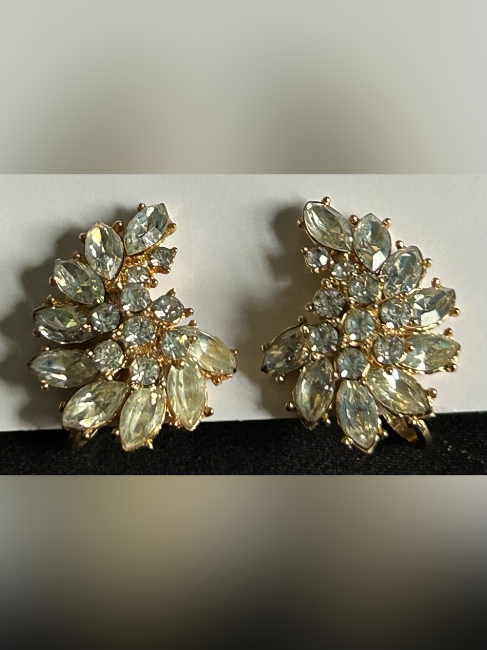CROWN TRIFARI Signed, Vintage, Crystal & Gold Tone Clip-On Earrings